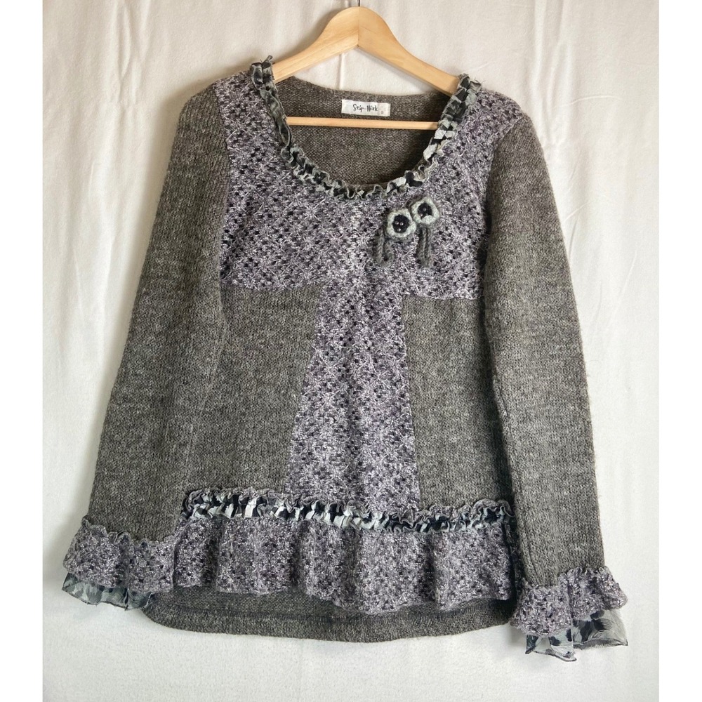 Scrap-Work Grey Mixed Media Ruffle Knit Tunic Sweater Small Boho Crochet Detail